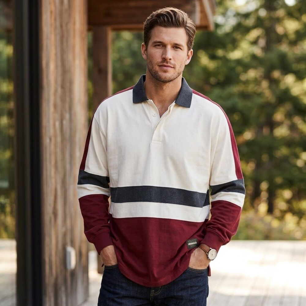 Woolrich Cloud Colorblock Rugby Shirt Mens Sz XL Long Sleeve Oversize Cotton NEW